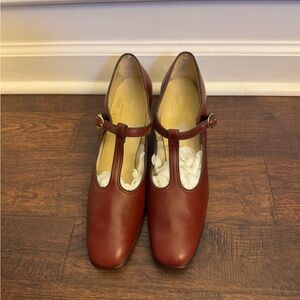 Vint. FSP Brand, Made in America, Burgundy T-Strap Shoes, 11.5” long, Sized 10.5